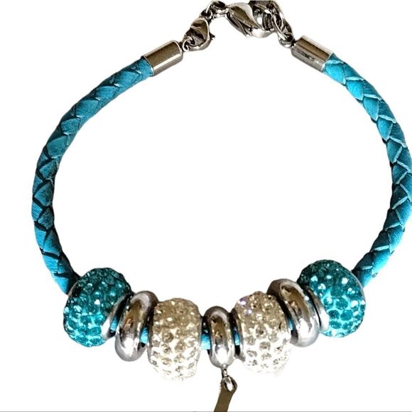 BRACELET Braided LEATHER with Quality BEADS covered in ZIRCON type RHINESTONES - Picture 4 of 7